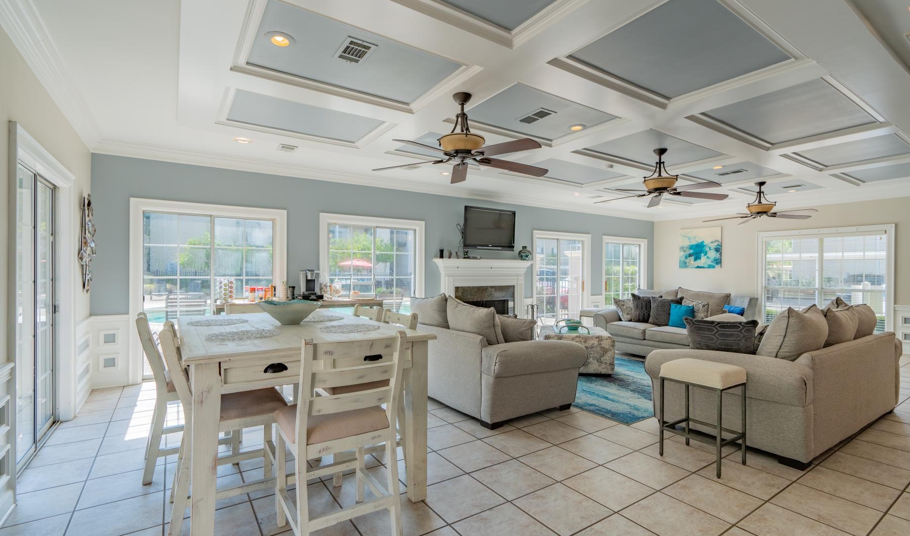 spacious clubhouse with fireplace